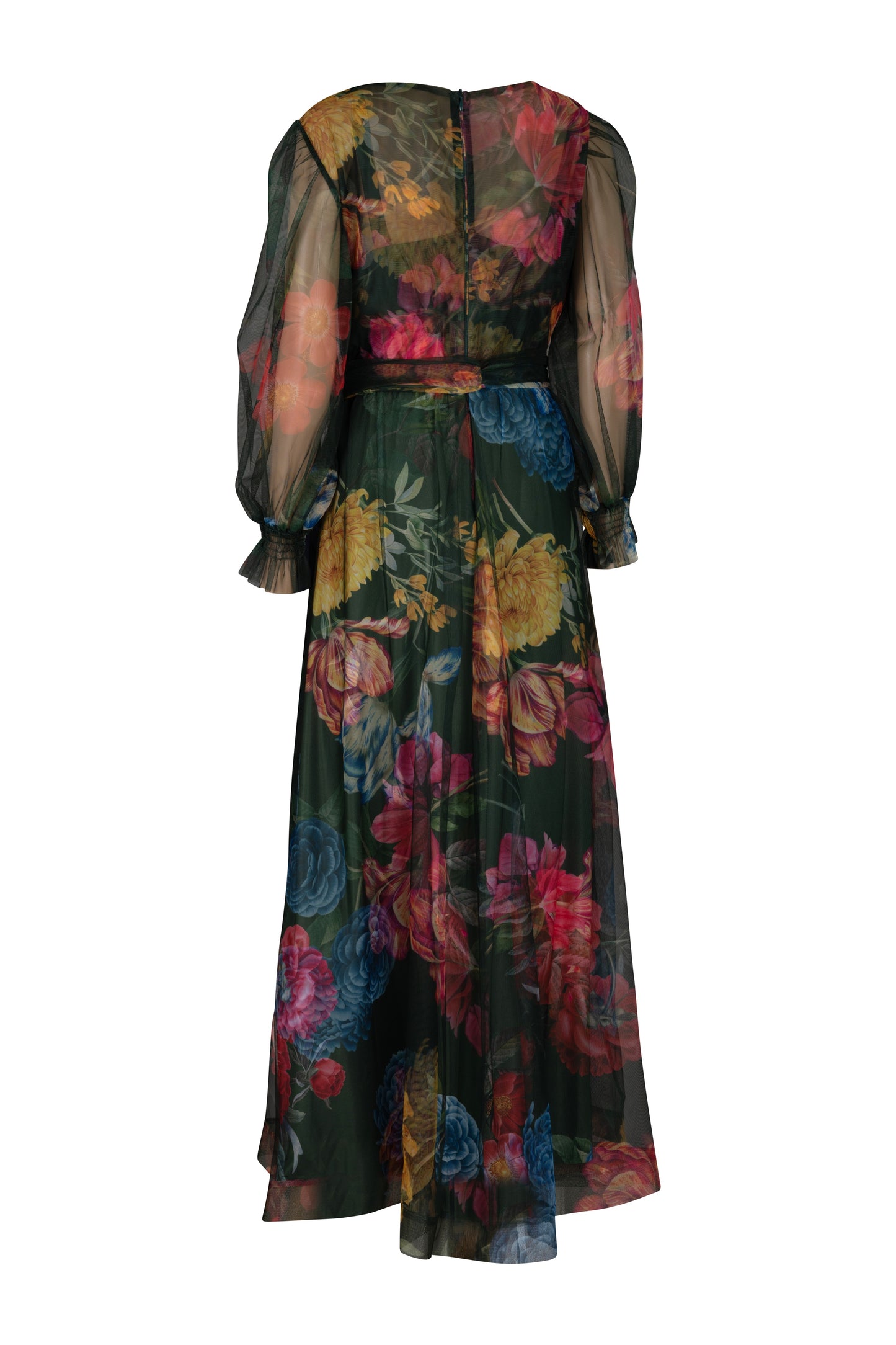 Green Tropical Floral Midi Tulle Dress