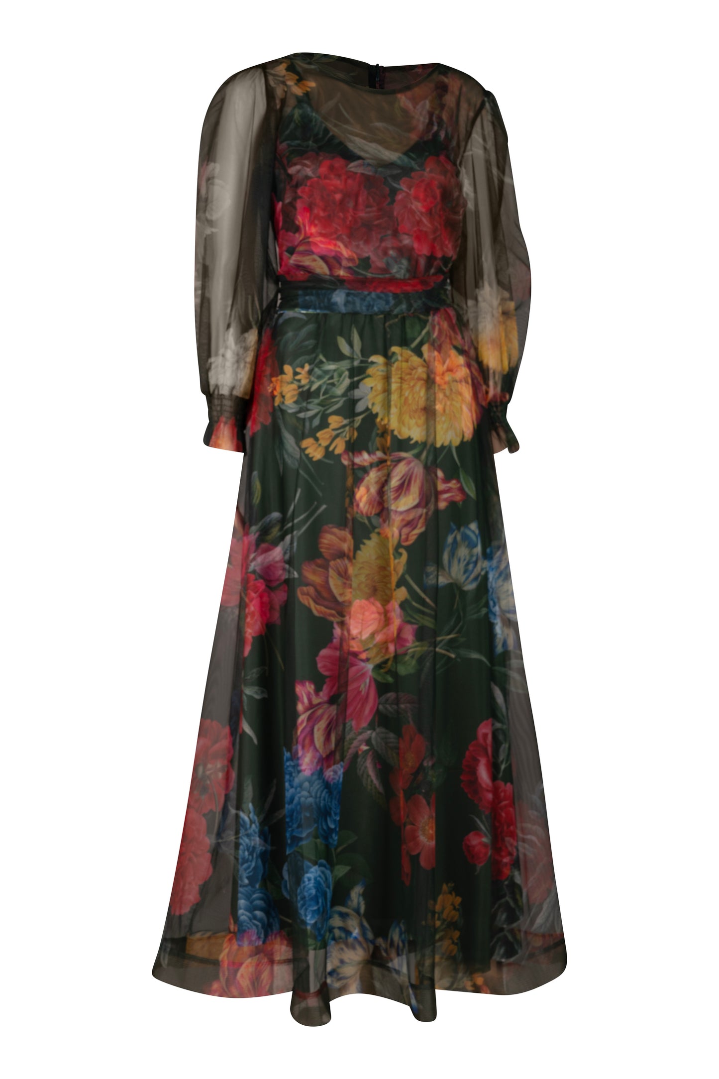 Green Tropical Floral Midi Tulle Dress