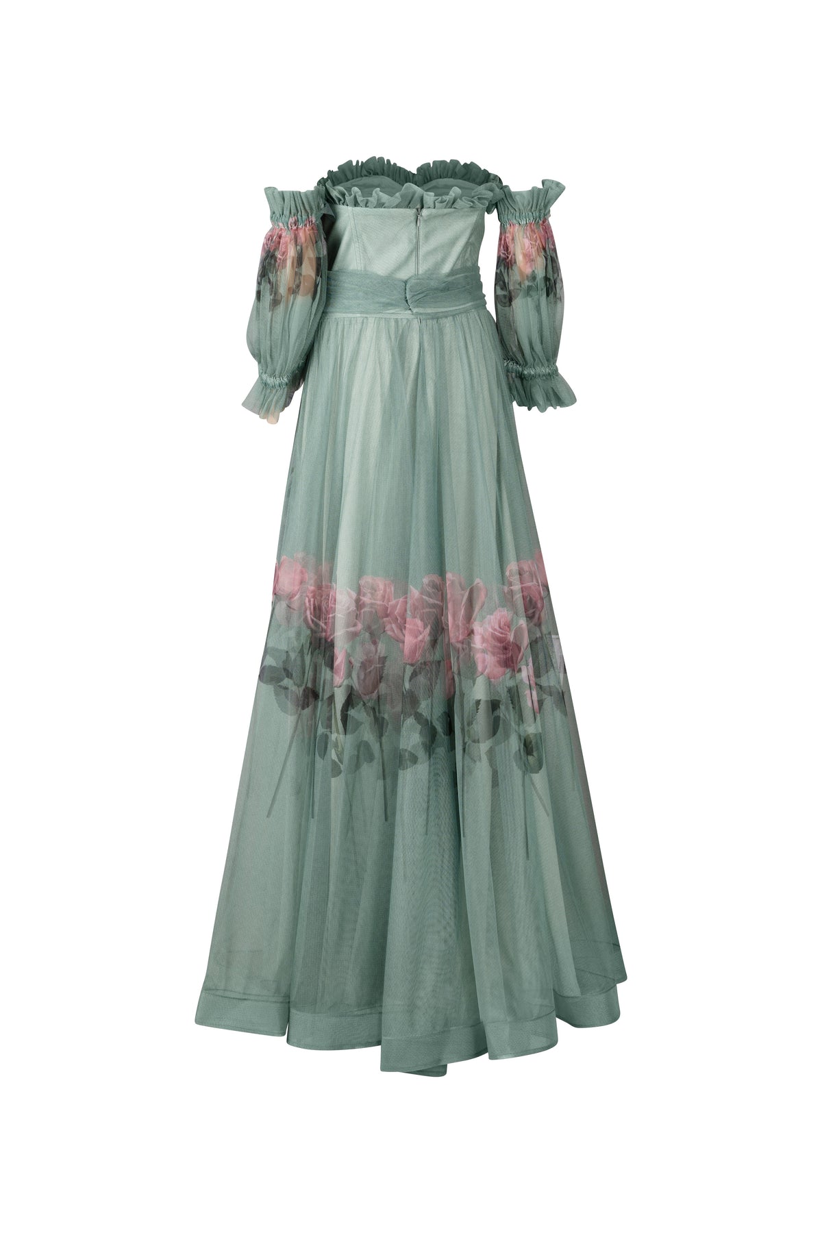Sage Green and Pink Floral Strapless Gown