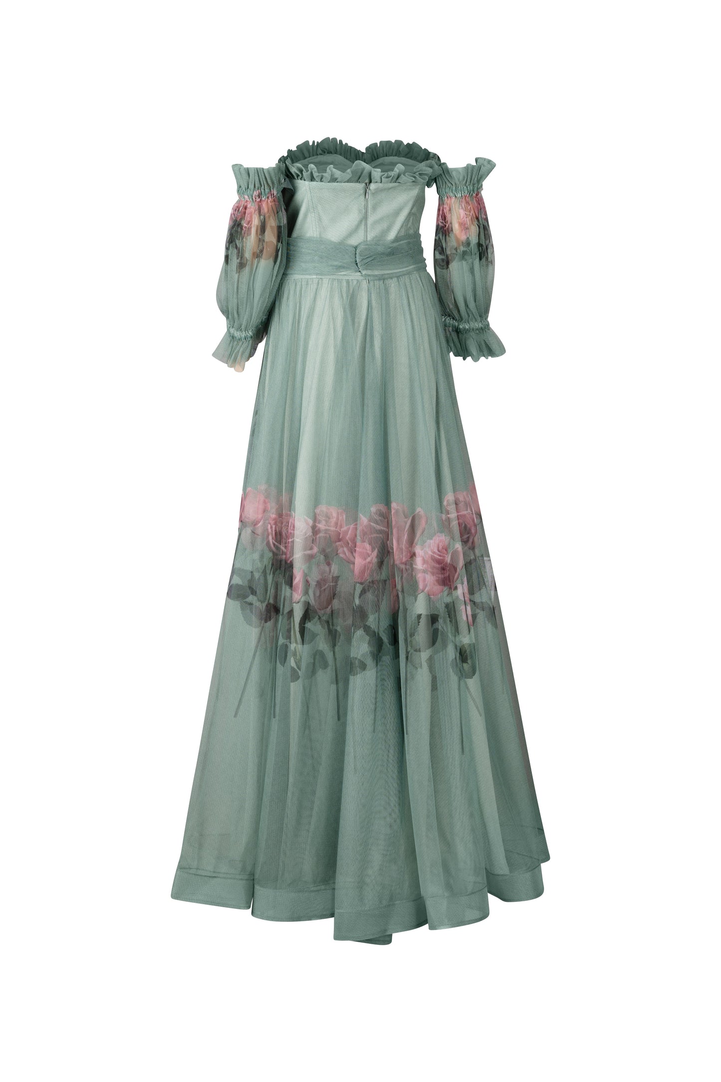 Sage Green and Pink Floral Strapless Gown