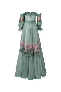 Sage Green and Pink Floral Strapless Gown