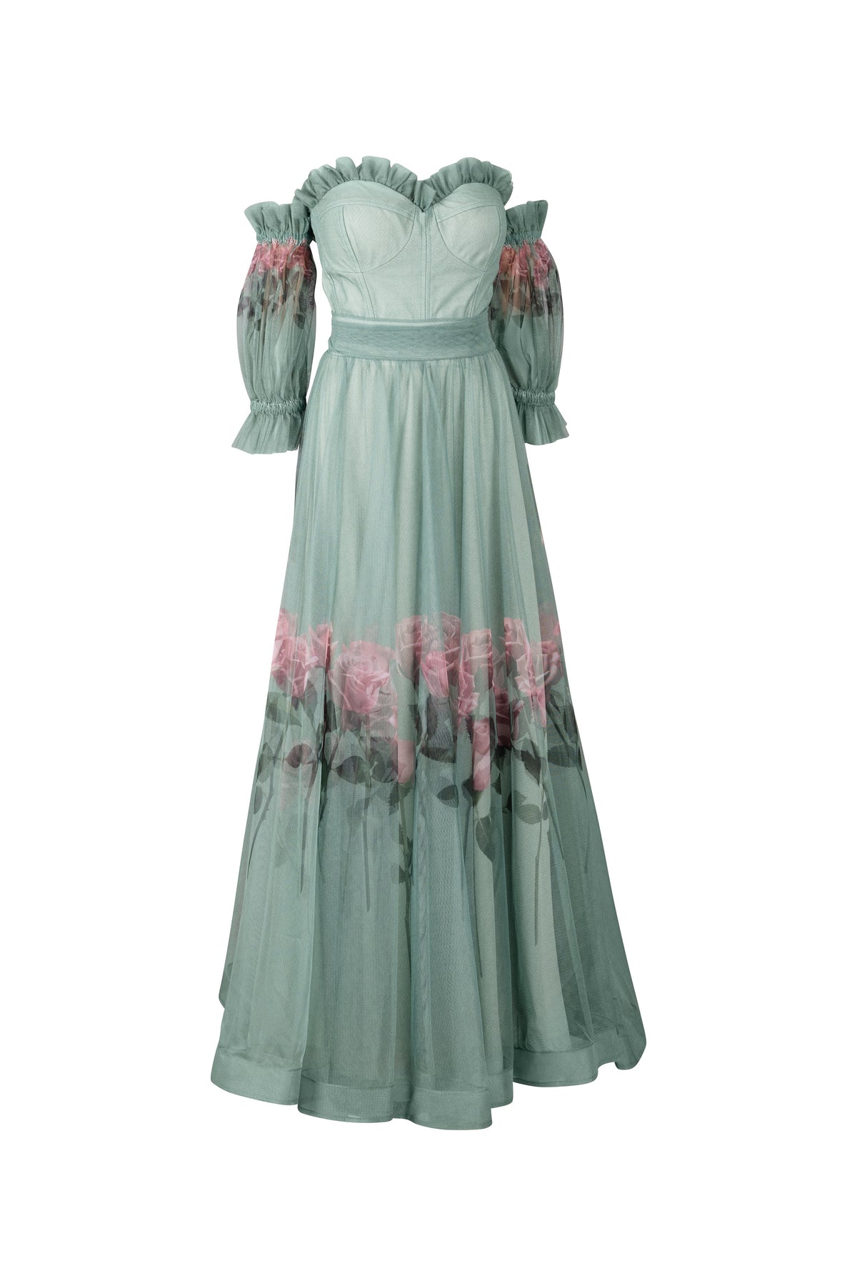 Sage Green and Pink Floral Strapless Gown