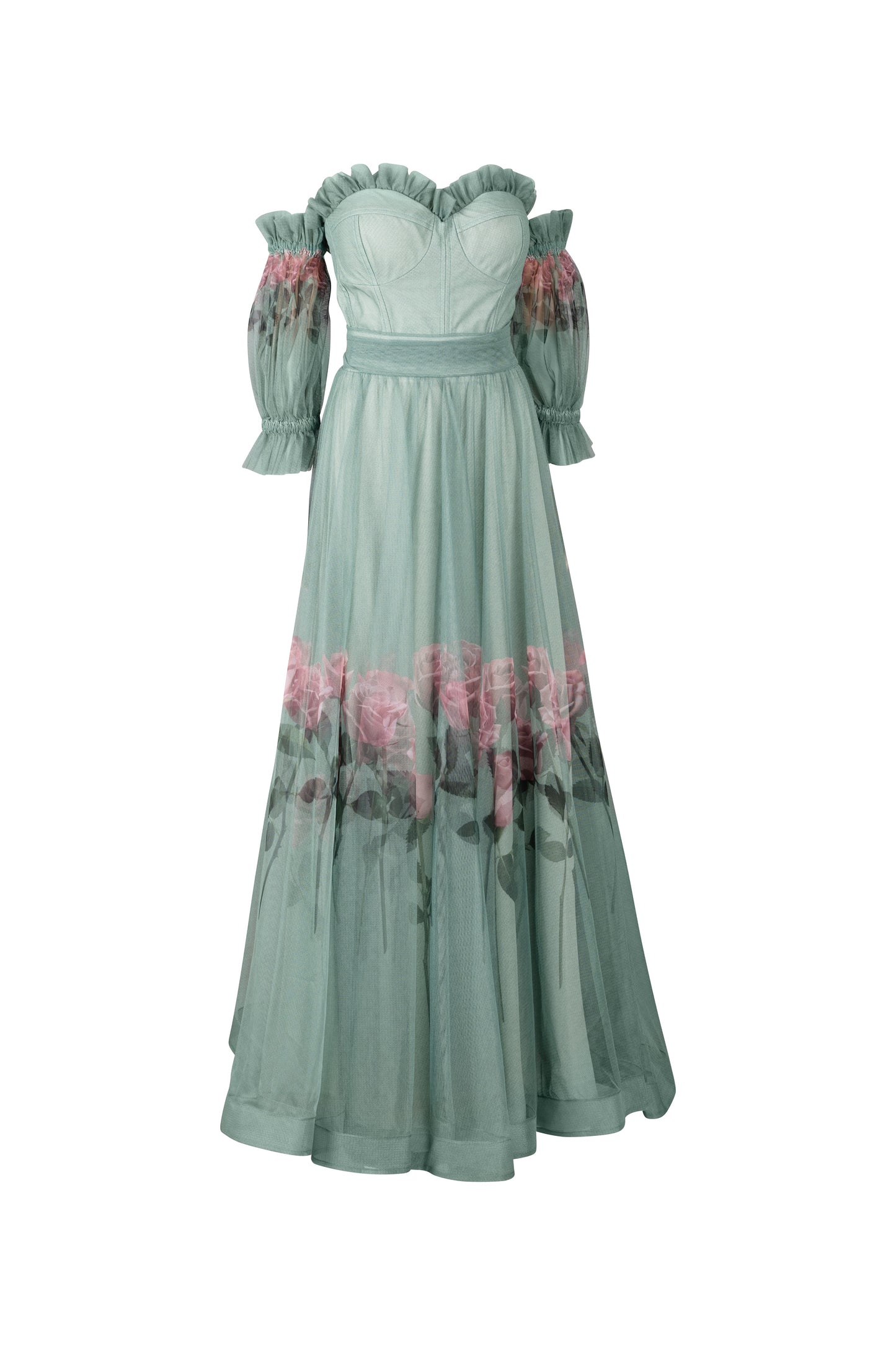 Sage Green and Pink Floral Strapless Gown