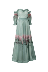 Sage Green and Pink Floral Strapless Gown