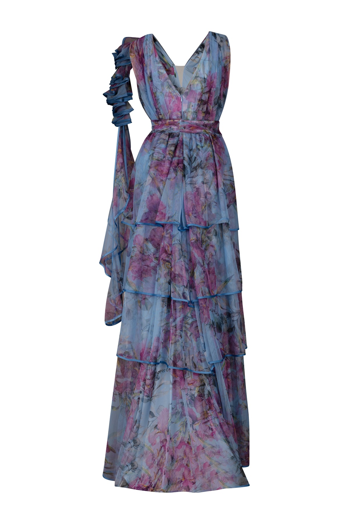 Blue Pink Floral Layer Tulle Gown