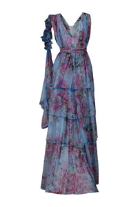 Blue Pink Floral Layer Tulle Gown