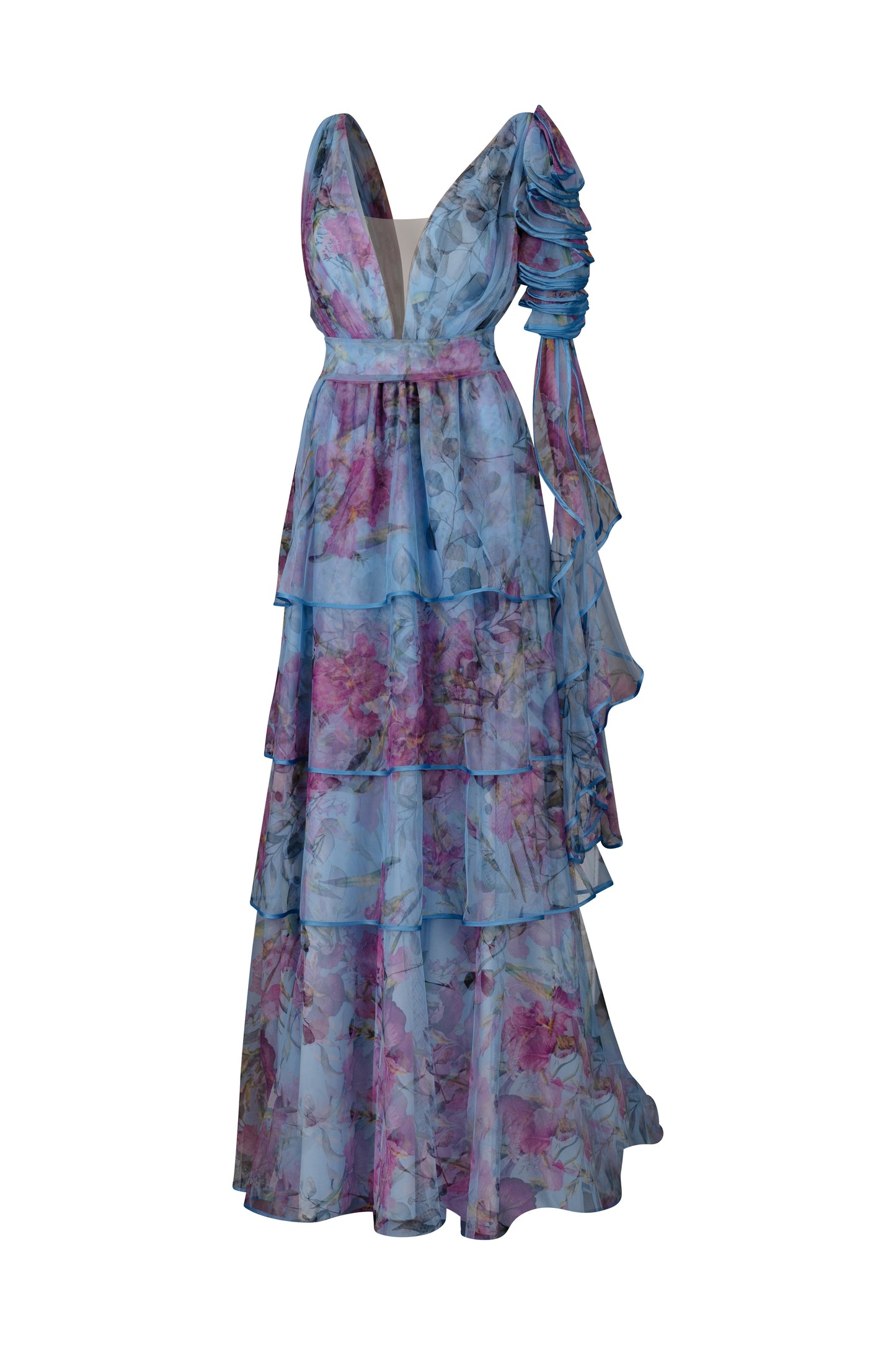 Blue Pink Floral Layer Tulle Gown