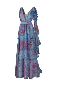Blue Pink Floral Layer Tulle Gown