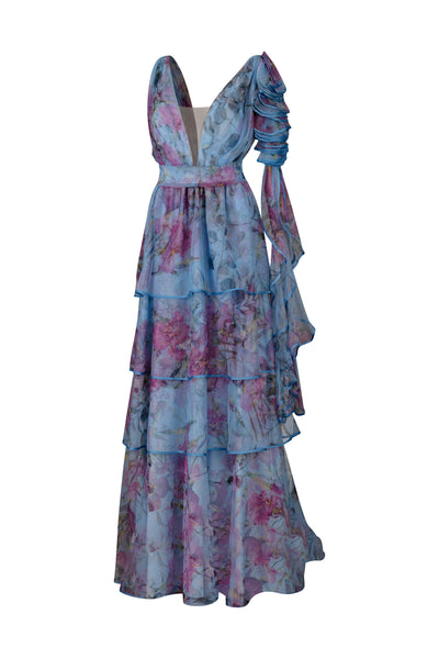 Blue Pink Floral Layer Tulle Gown
