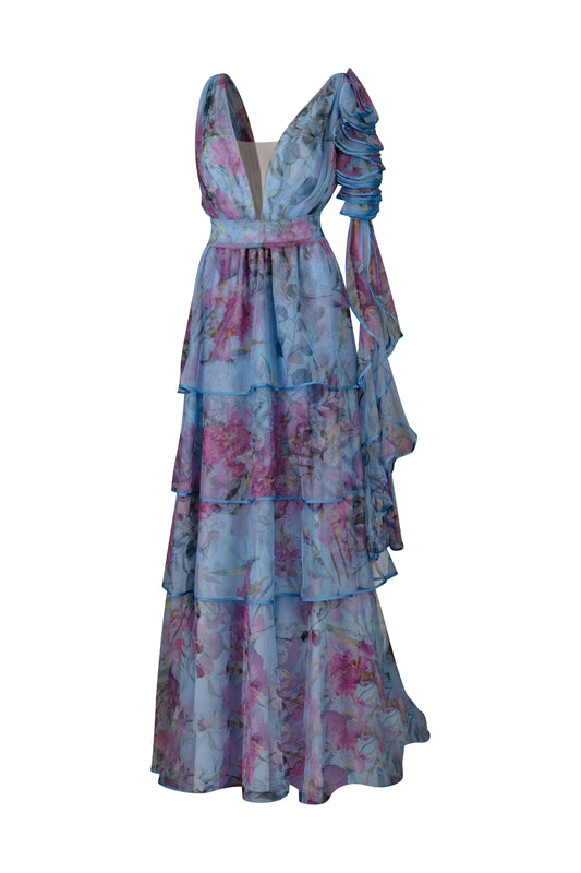 Blue Pink Floral Layer Tulle Gown