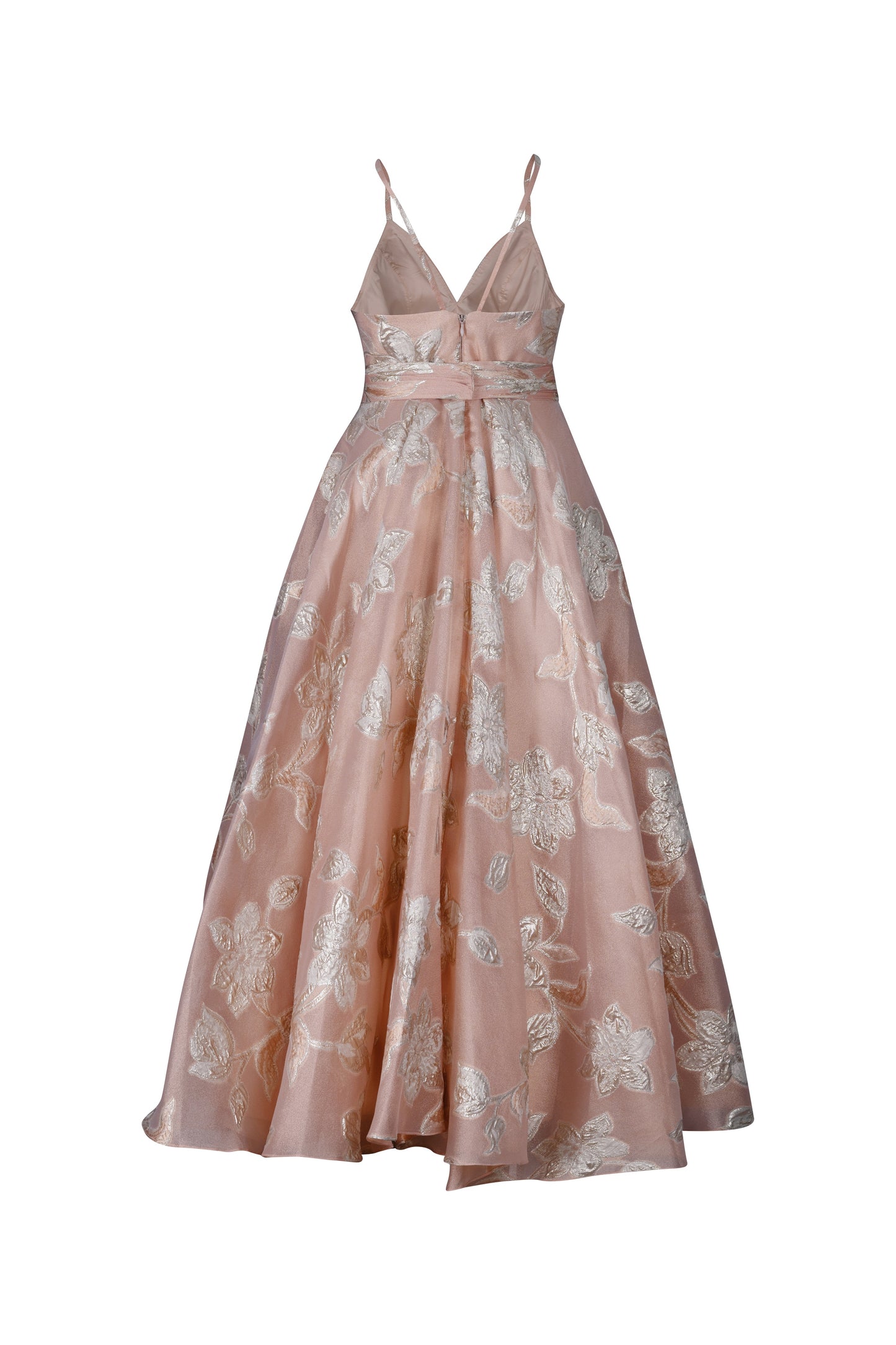 Peach and Gold Floral Organza Brocade Dress