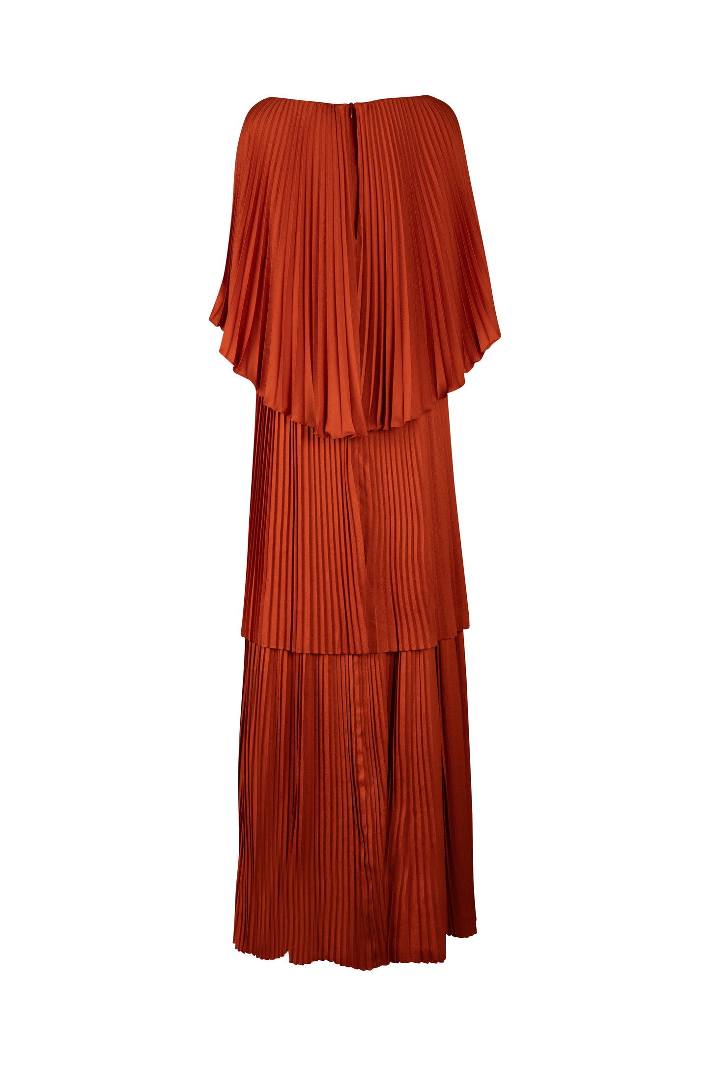 Burnt Orange Pleated Cape Sleeve Dress