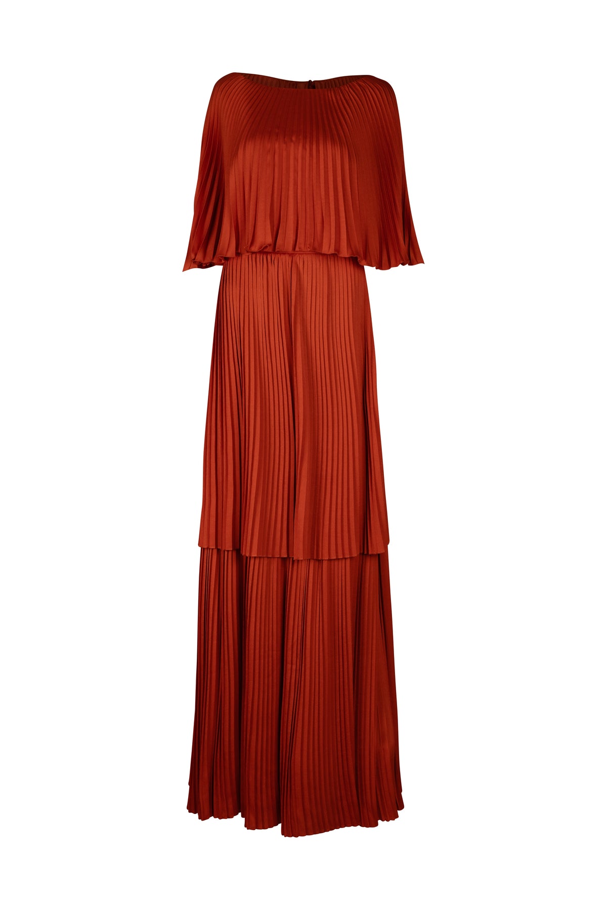 Burnt Orange Pleated Cape Sleeve Dress