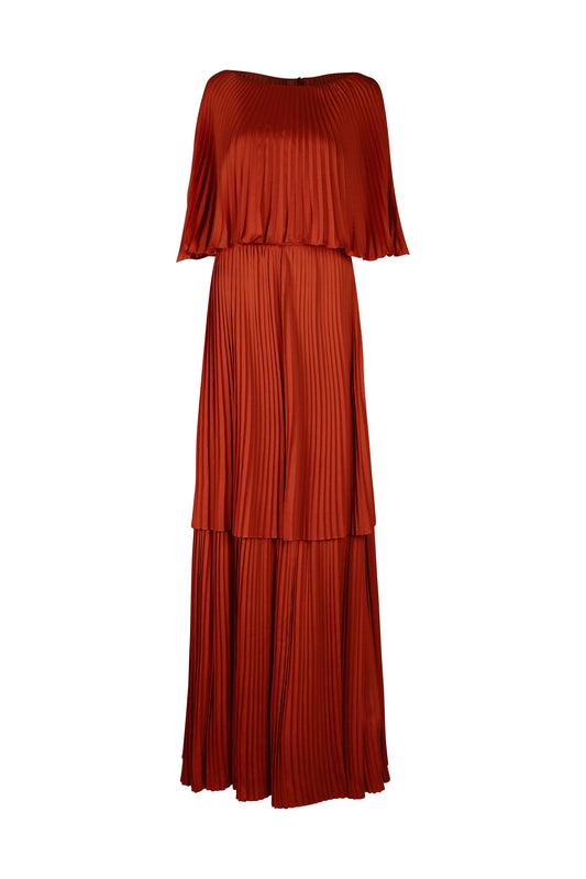Burnt Orange Pleated Cape Sleeve Dress