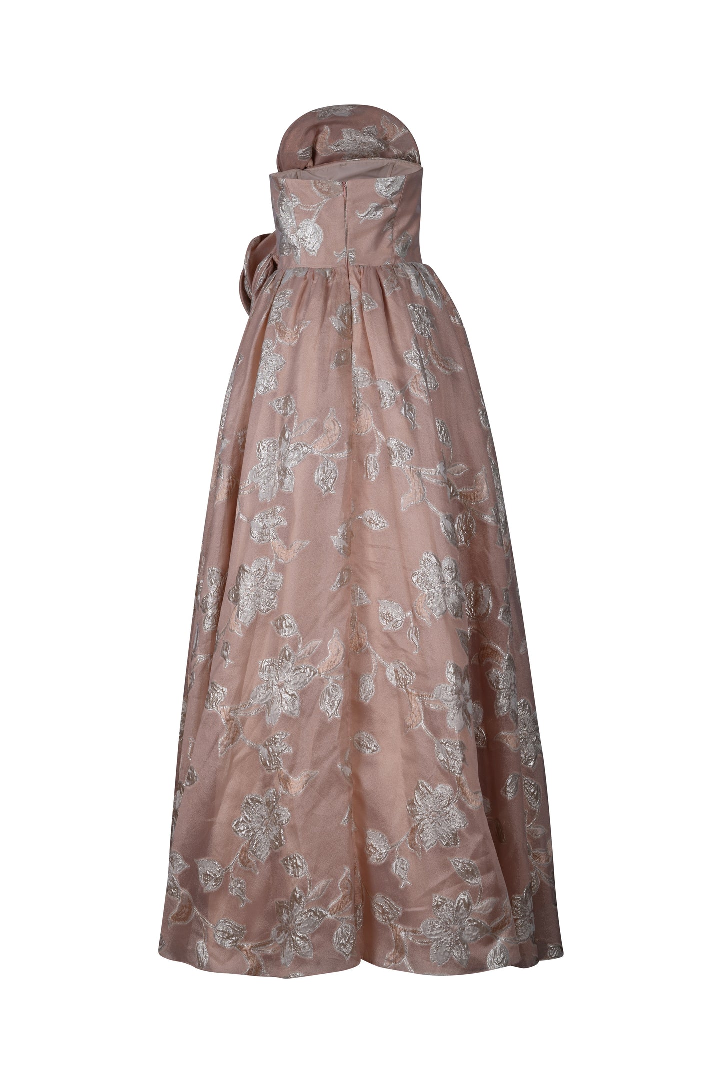 Peach and Gold Organza Brocade Strapless Gown