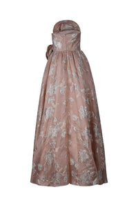 Peach and Gold Organza Brocade Strapless Gown