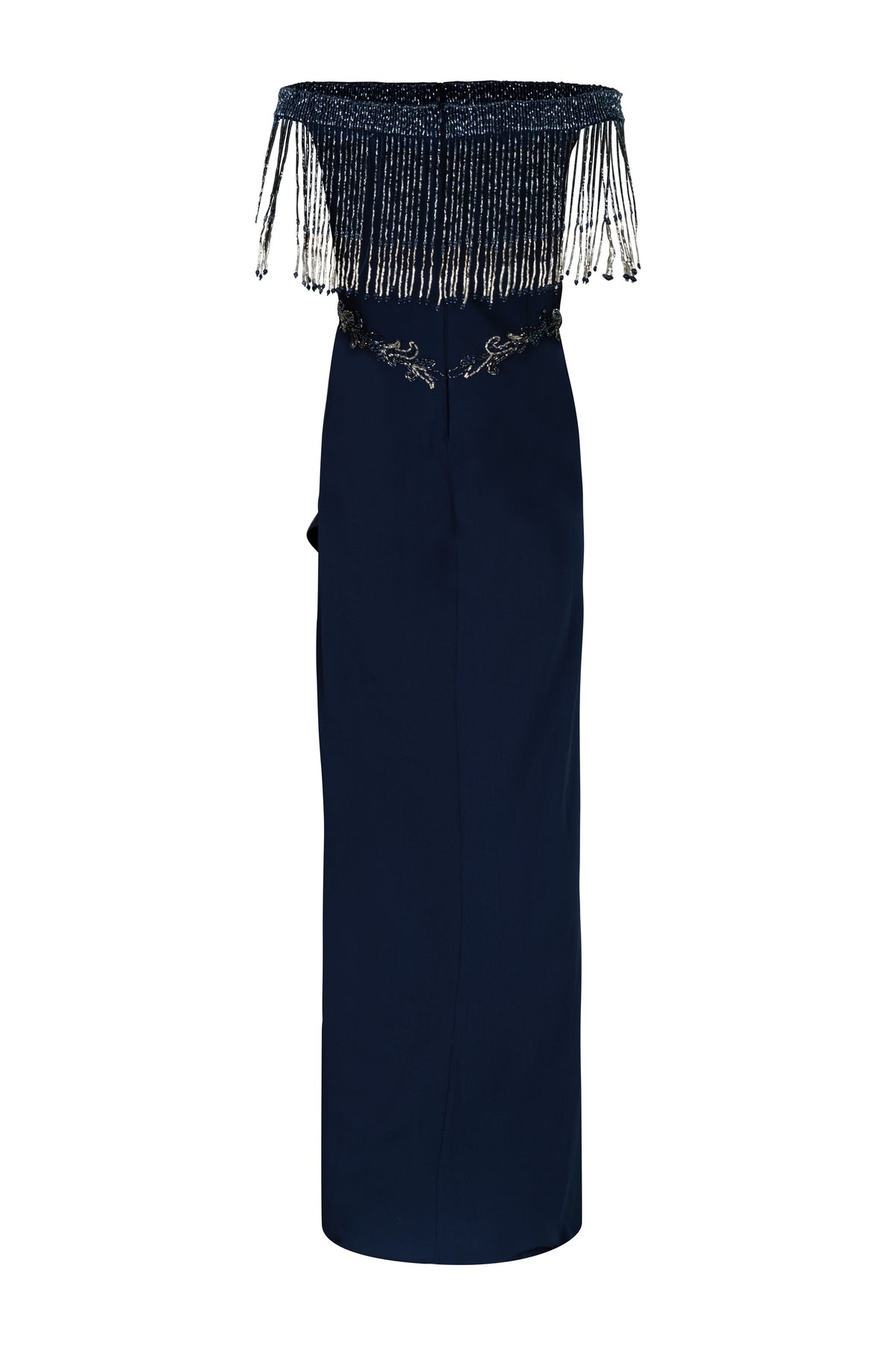 Night Blue Off Shoulder Beaded Fringe Gown