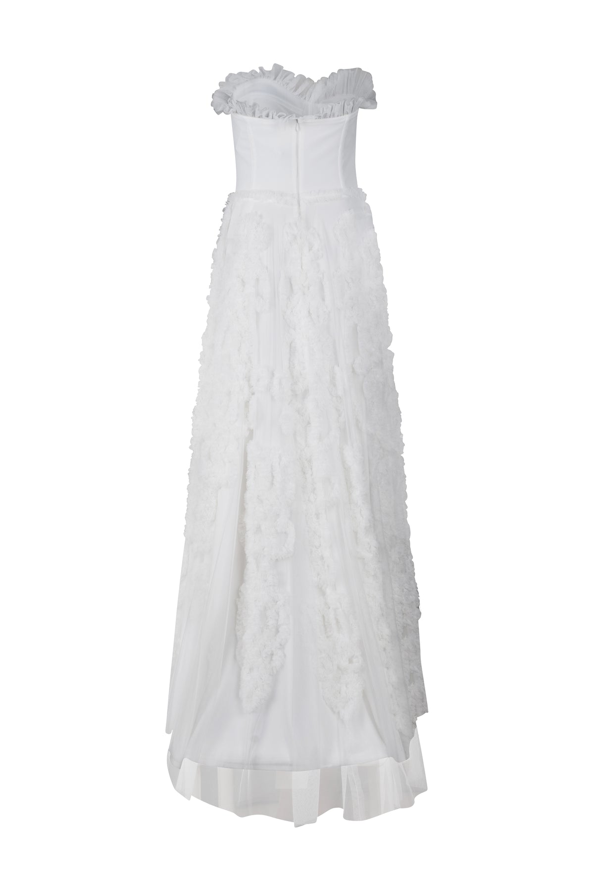 White Strapless Ruffled Tulle Gown