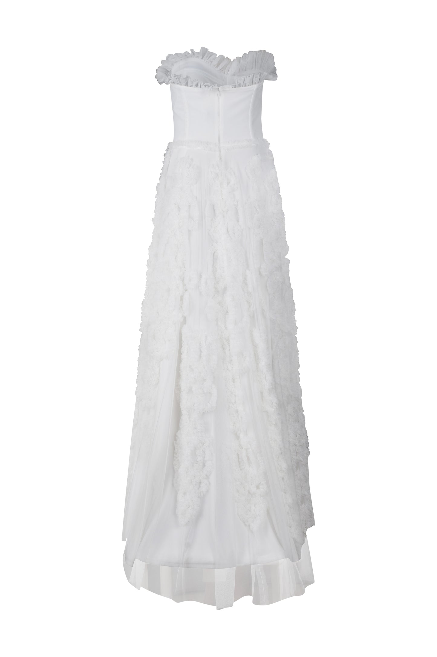 White Strapless Ruffled Tulle Gown