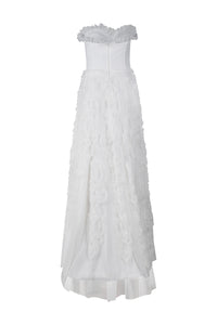 White Strapless Ruffled Tulle Gown