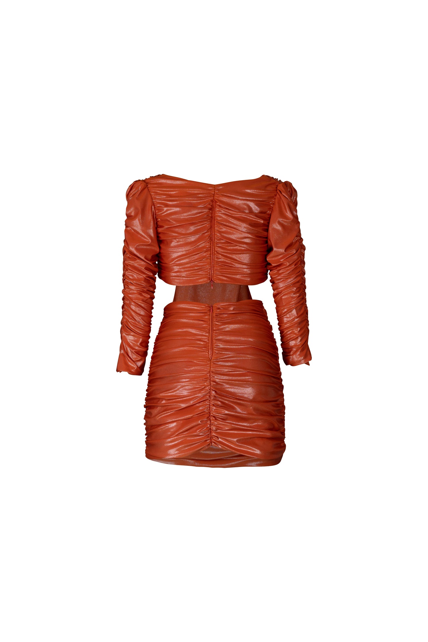 Orange Ruche Cutout Lame Dress