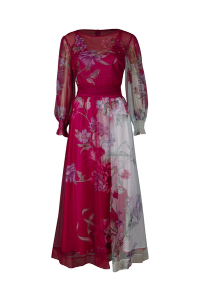 Fuchsia and White Floral Tulle Midi Dress