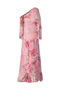 Coral Floral One Shoulder Draped Long Dress