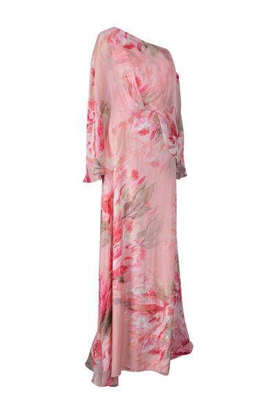 Coral Floral One Shoulder Draped Long Dress