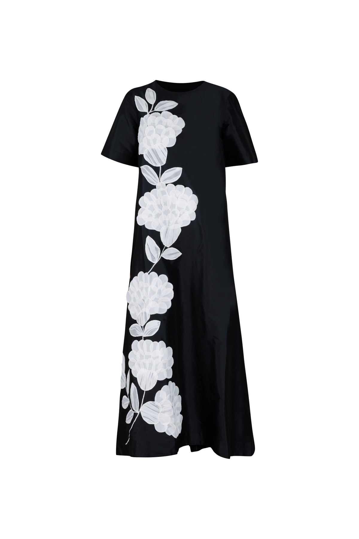 Black with Organza Flower Applique Full Length Dress with Pockets