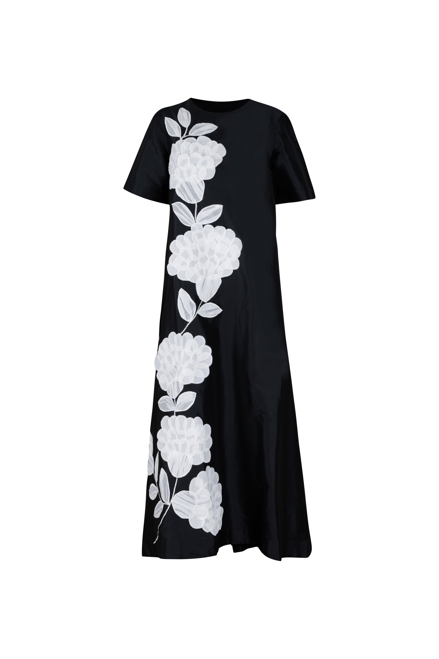 Black with Organza Flower Applique Full Length Dress with Pockets