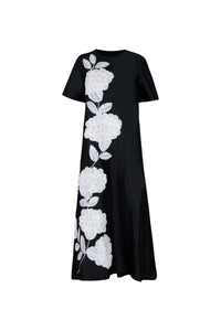 Black with Organza Flower Applique Full Length Dress with Pockets