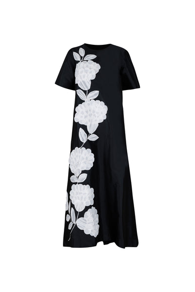 Black with Organza Flower Applique Full Length Dress with Pockets