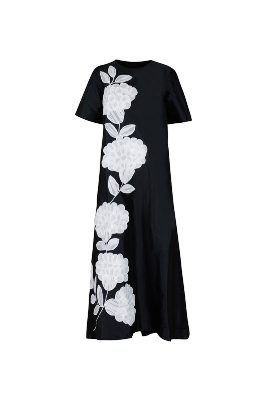 Black with Organza Flower Applique Full Length Dress with Pockets