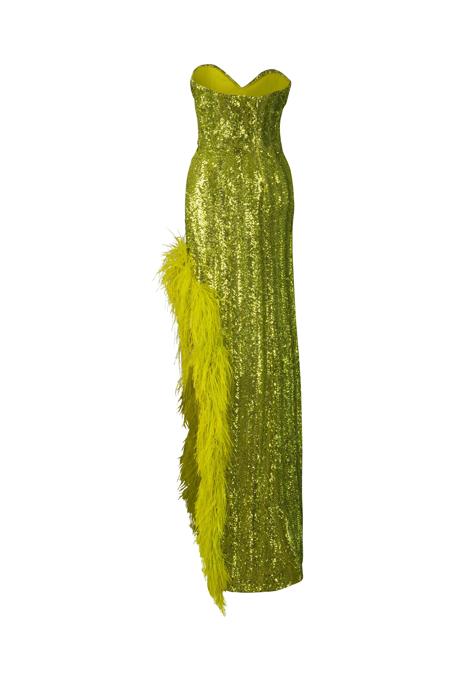 Lime Green Sequin Dress with Ostrich Feathers