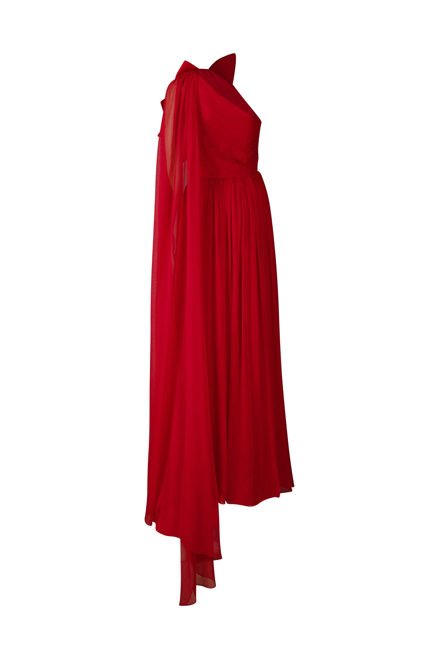 Red Floral Silk One Shoulder Gown