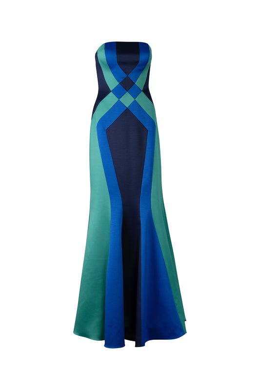 Geometric Two Shades of Blue and Green Strapless Dress