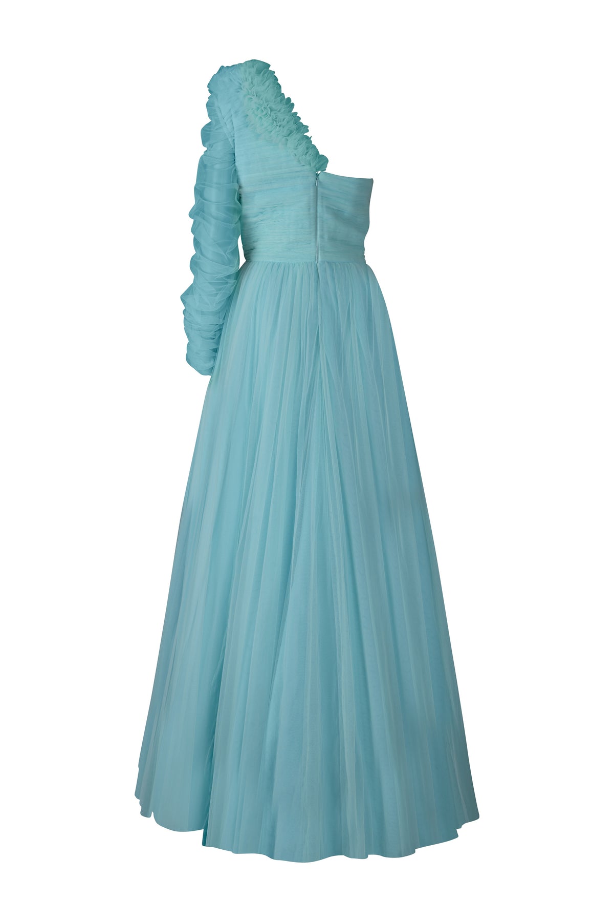 Robin Egg Blue Tulle Ruffle One Shoulder Gown