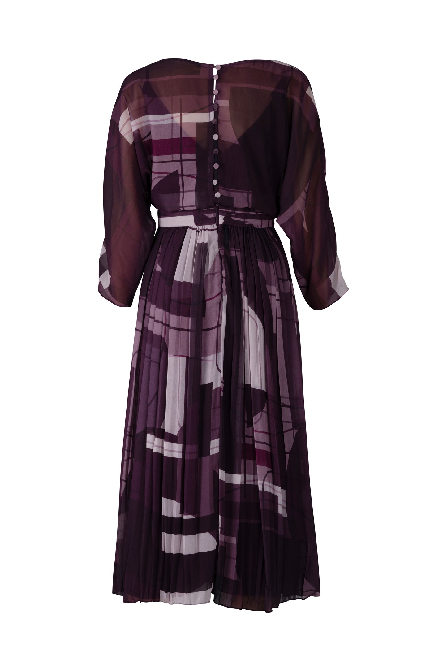 Tri-Color Purple Geometric Pattern Pleated Midi Dress