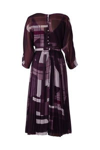 Tri-Color Purple Geometric Pattern Pleated Midi Dress