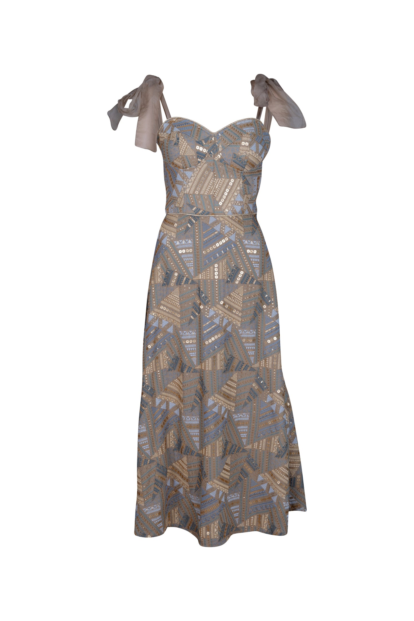 Gold Geometric Embroidery Pattern Midi Dress