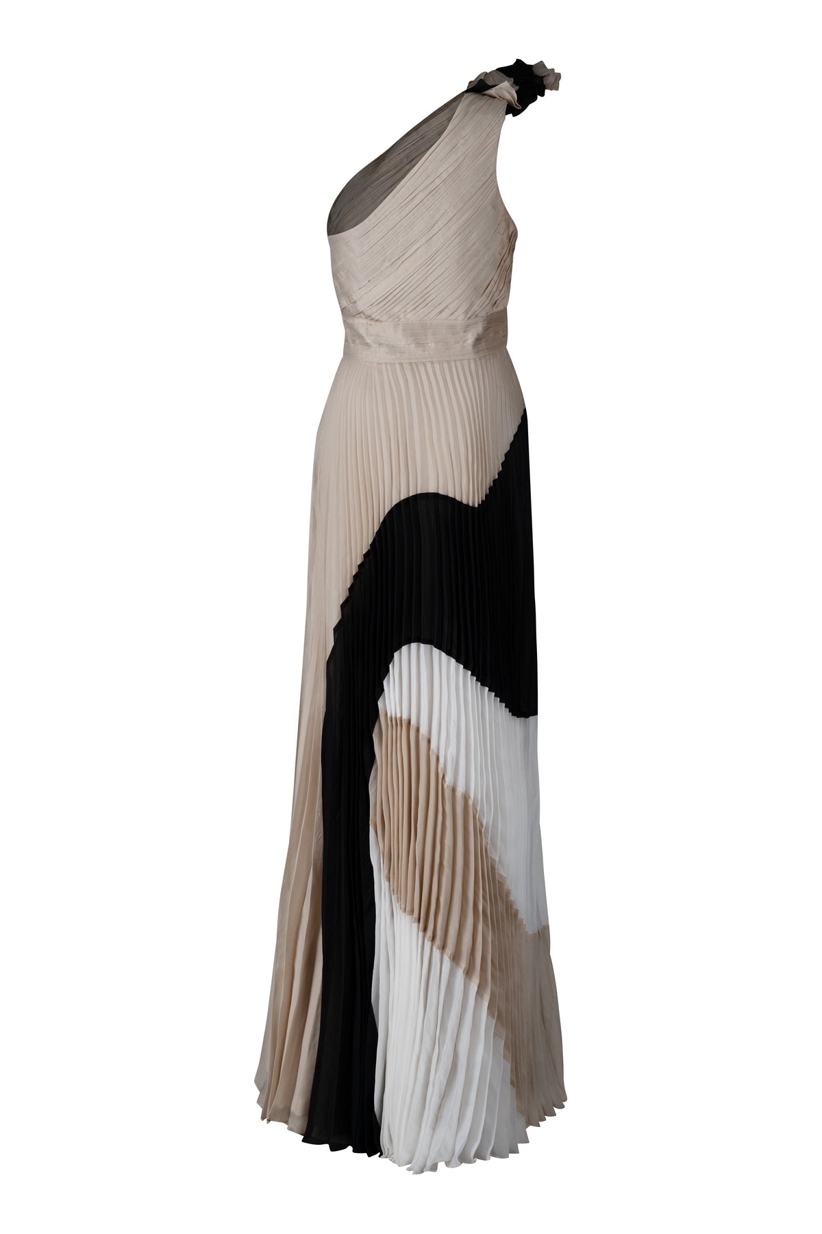 Nude Black and White One Shoulder Pleated Dress