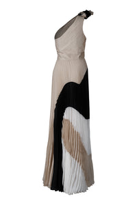 Nude Black and White One Shoulder Pleated Dress