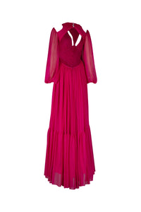 Hot Pink Long Sleeved Open Back Full Length Dress