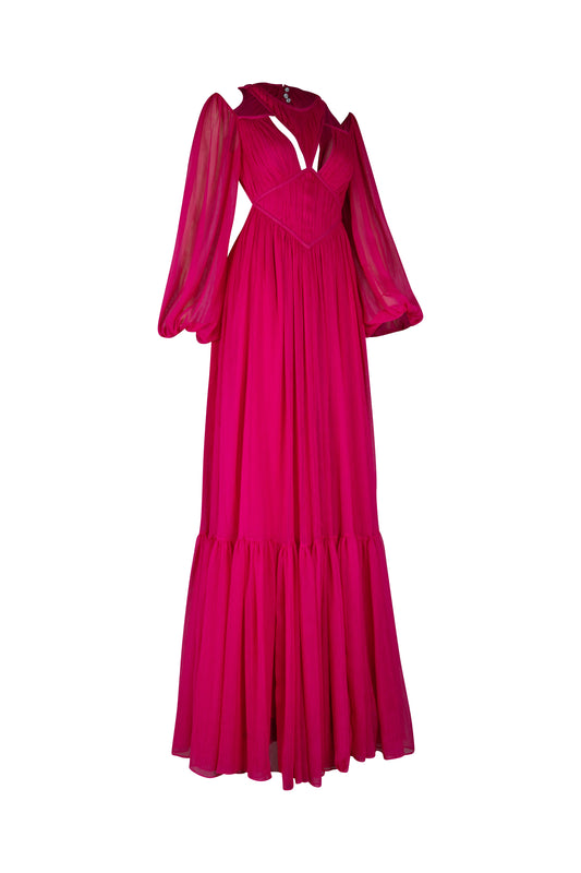 Hot Pink Long Sleeved Open Back Full Length Dress
