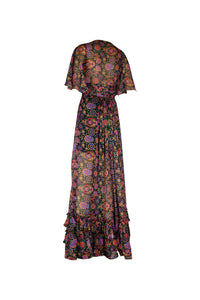 Multi-Color Floral Three-Quarter Sleeve Ruffled Dress