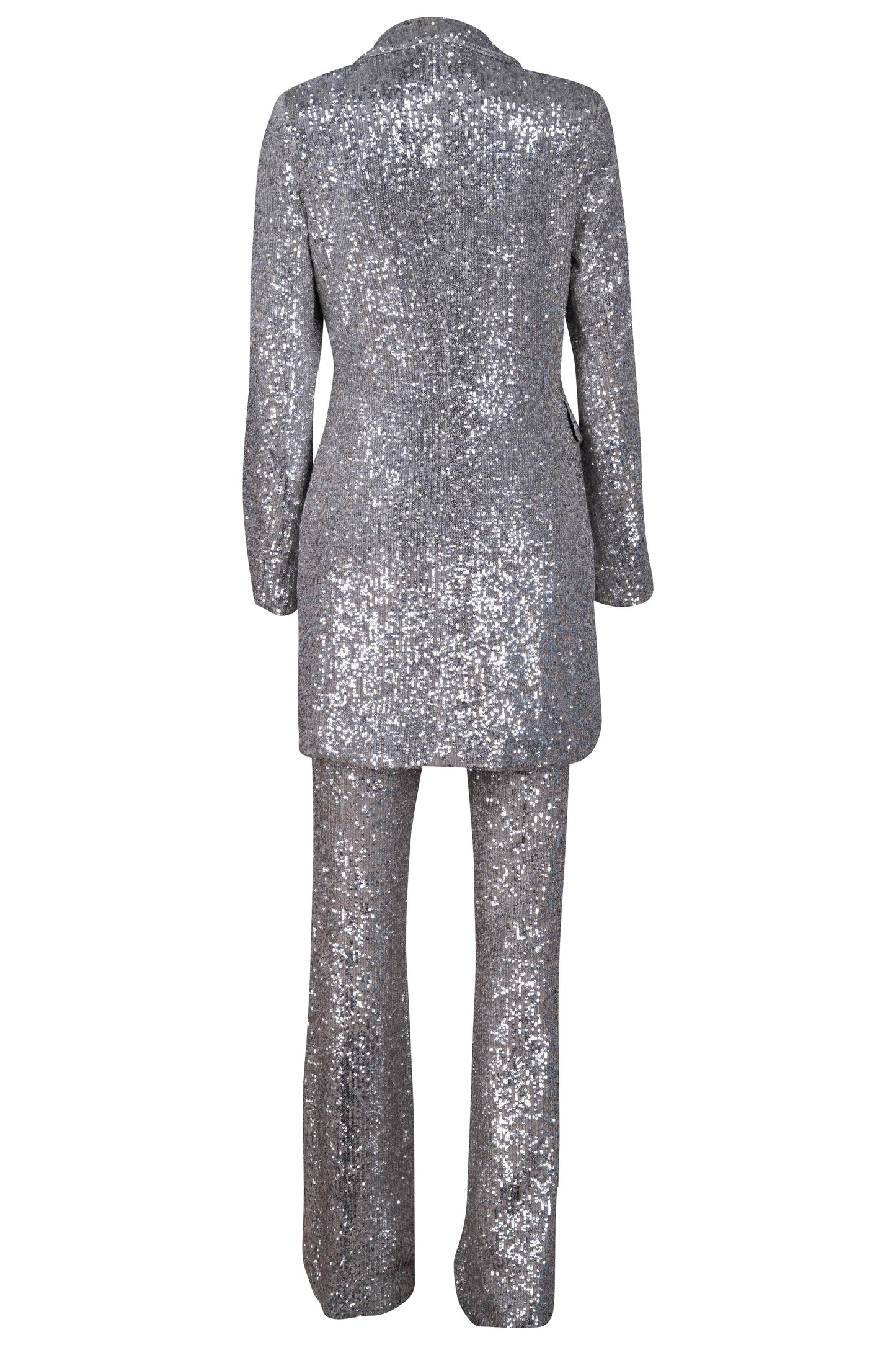 Silver Sequin Tuxedo Jacket with Bell Bottom Pants