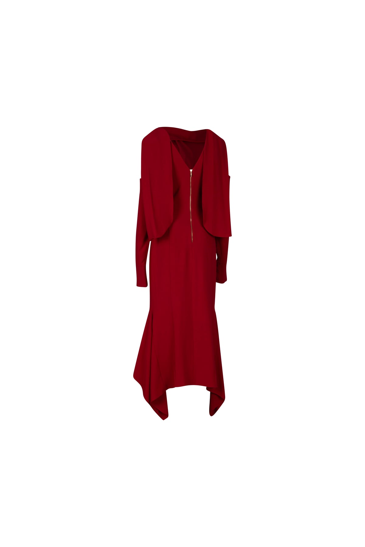 Red Cold Shoulder Long Sleeve Draped Midi Dress
