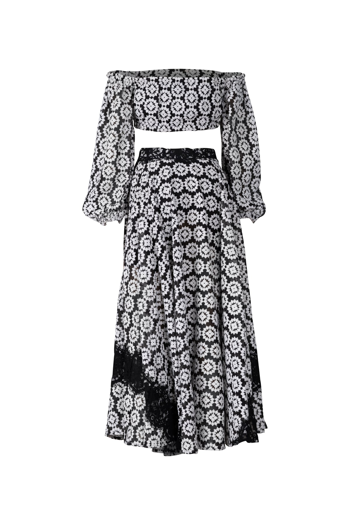 Black and White Two Piece Crop Top Set