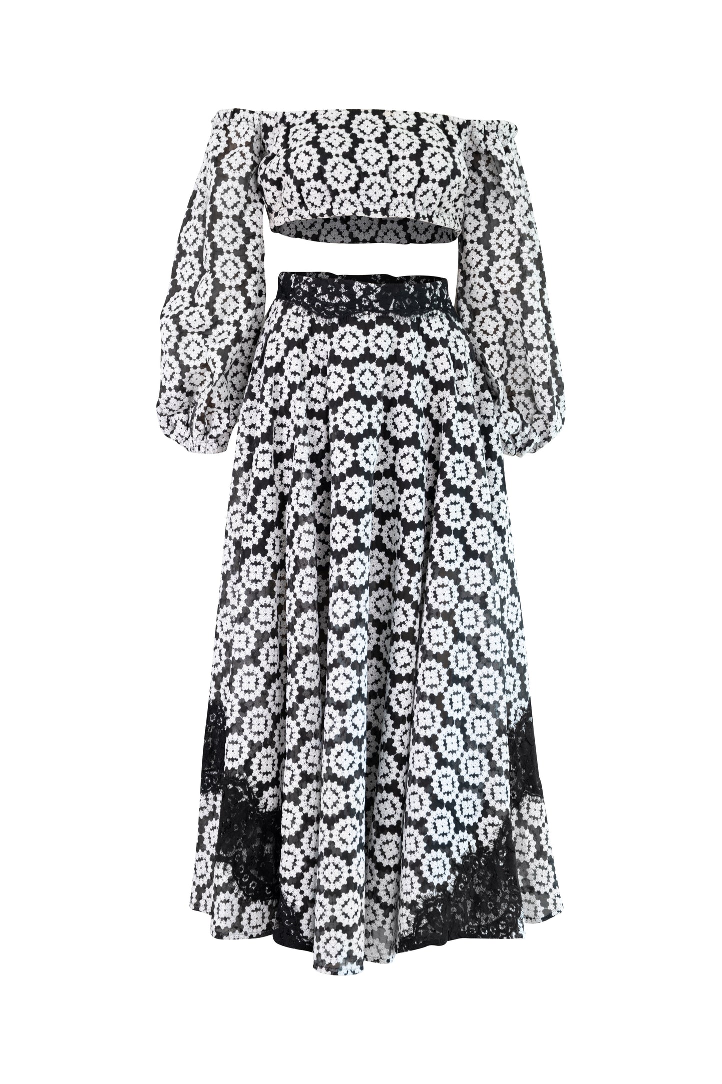 Black and White Two Piece Crop Top Set