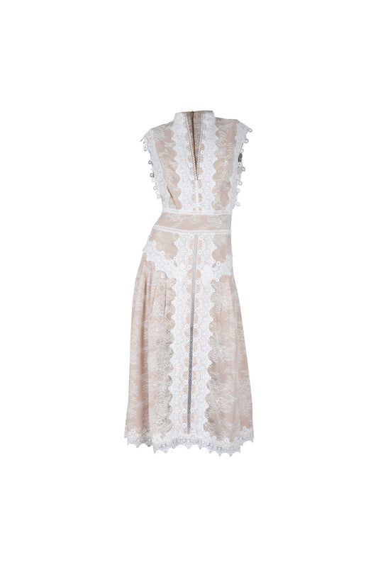 Beige Ruffle Lace Sleeveless Midi Dress